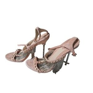 Brian Atwood Pink Suede Chain Fringe Studded Stiletto Sandals Heels Size 6 Italy